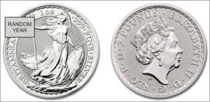 イギリス ブリタニア銀貨 1オンス ランダムイヤー (39mmクリアケース付き) 新品未使用
